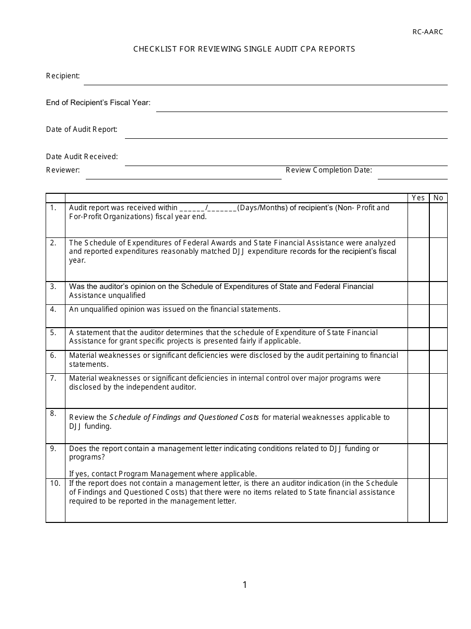DJJ Form RC-AARC Checklist for Reviewing Single Audit CPA Reports - Florida, Page 1