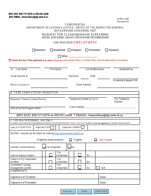 DJJ Form IG/BSU-002 Request for Clearinghouse Screening for Provider Employment - Florida