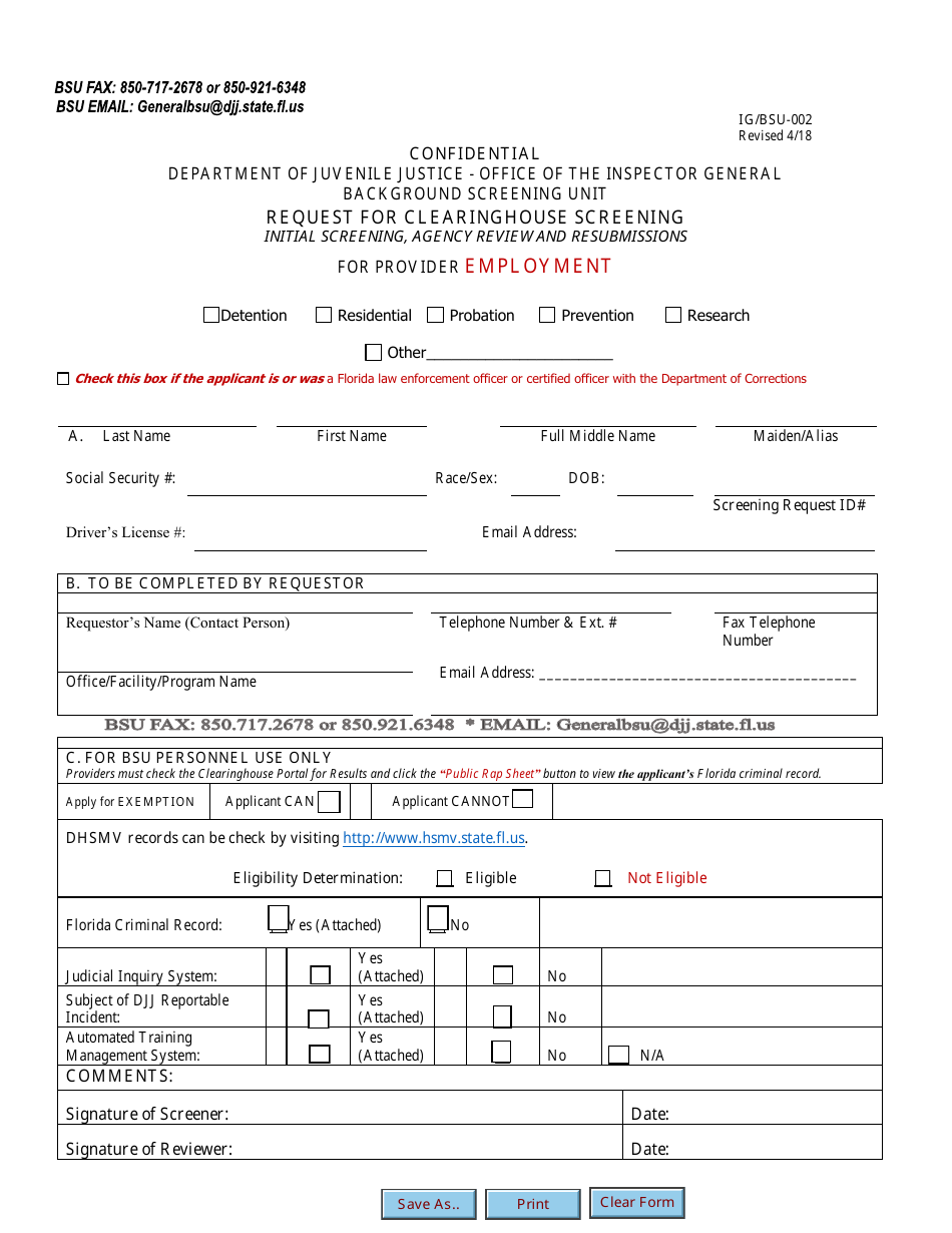 DJJ Form IG / BSU-002 Request for Clearinghouse Screening for Provider Employment - Florida, Page 1