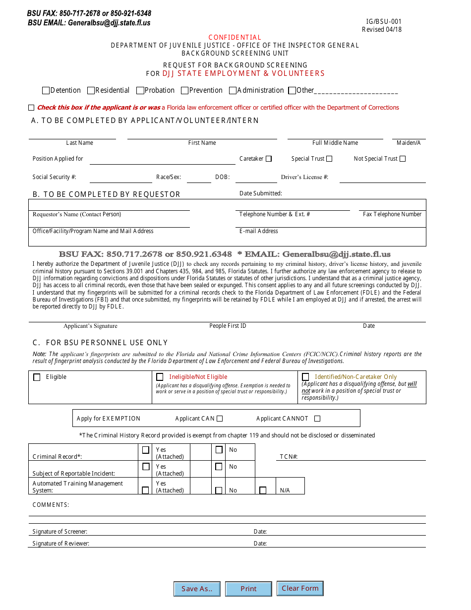 DJJ Form IG / BSU-001 Request for Background Screening for DJJ State Employment  Volunteers - Florida, Page 1