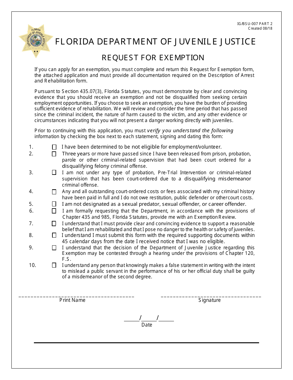 DJJ Form IG / BSU-007 Request for Exemption - Florida, Page 1