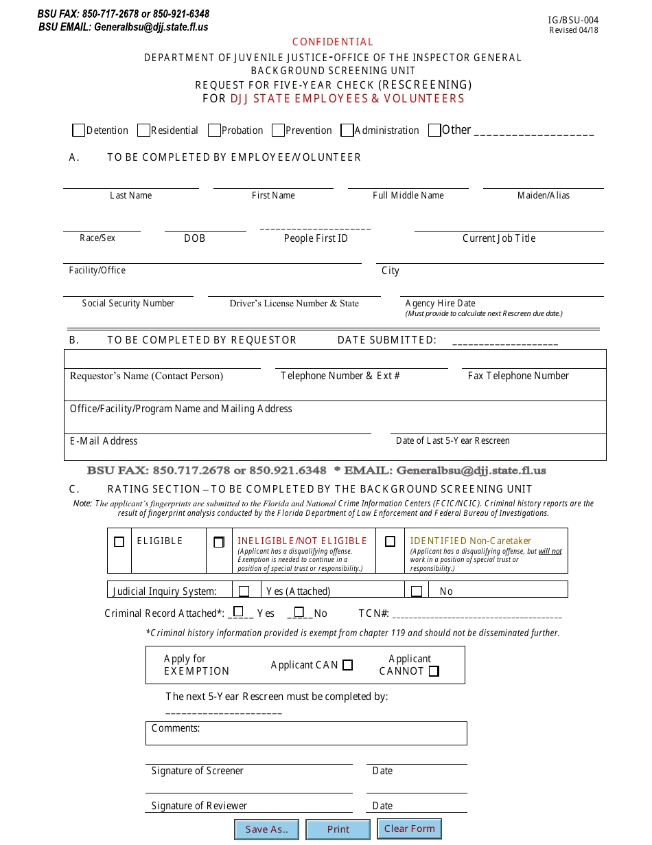 DJJ Form IG / BSU-004 Request for Five-Year Check (Rescreening) for DJJ State Employees  Volunteers - Florida, Page 1
