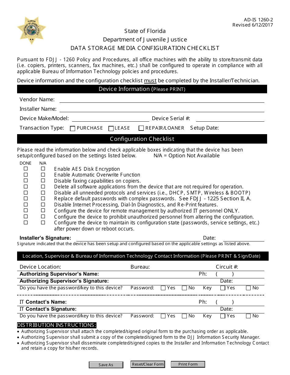 DJJ Form AD-IS1260-2 Data Storage Media Configuration Checklist - Florida, Page 1