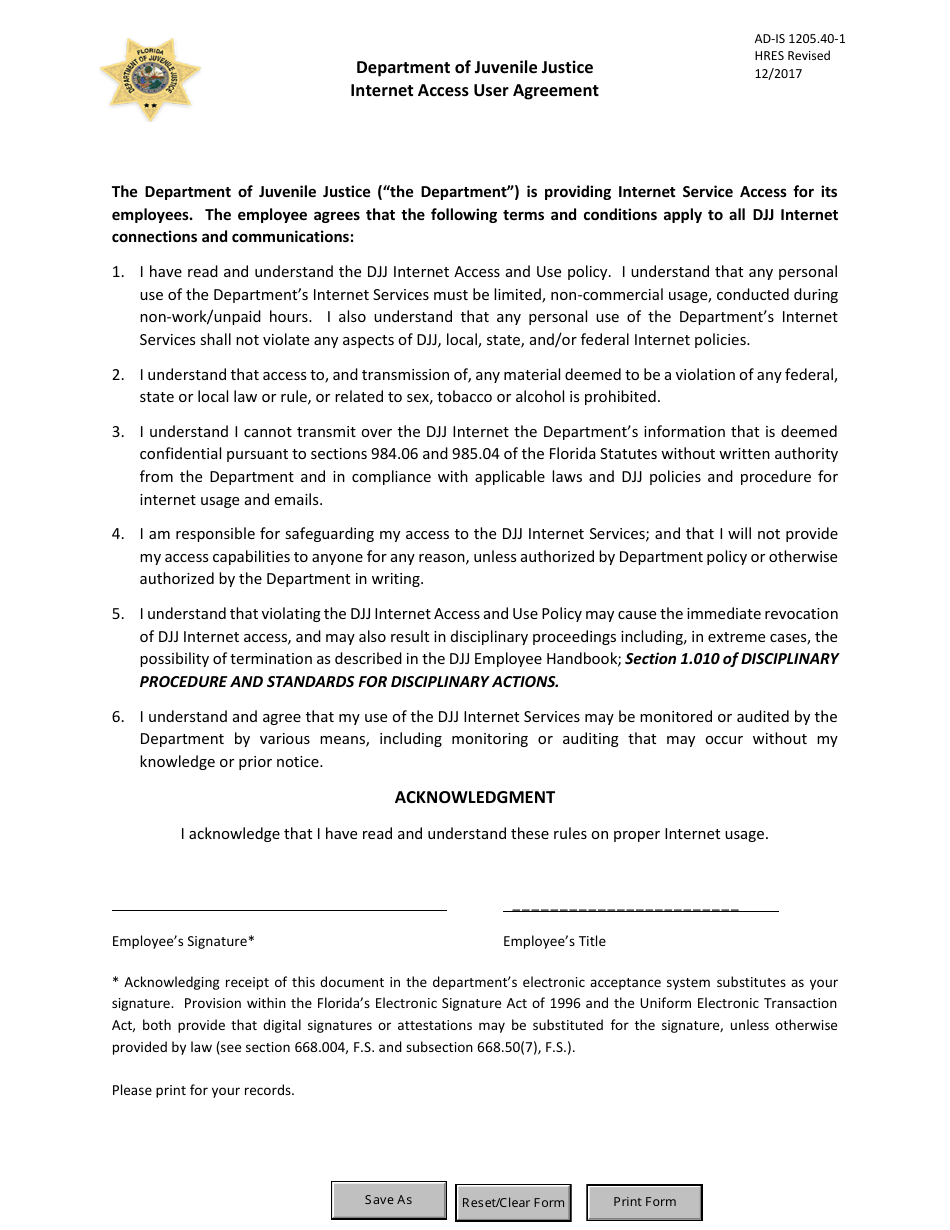 DJJ Form AD-IS1205.40-1 Internet Access User Agreement - Florida, Page 1