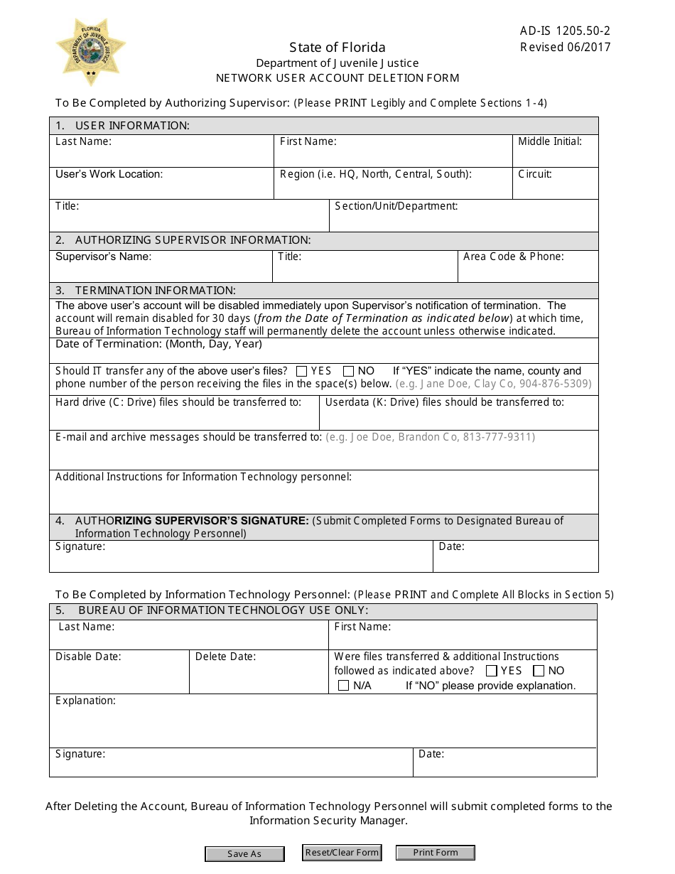 DJJ Form AD-IS1205.50-2 Network User Account Deletion Form - Florida, Page 1