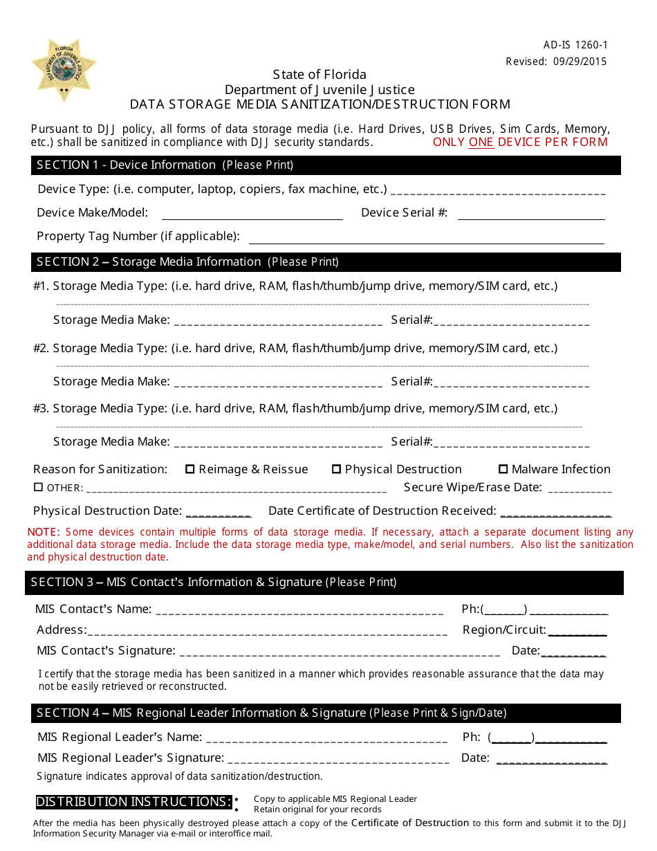 DJJ Form AD-IS1260-1 Data Storage Media Sanitization / Destruction Form - Florida, Page 1