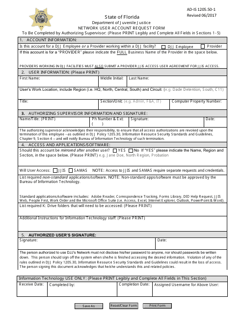 DJJ Form AD-IS1205.50-1  Printable Pdf