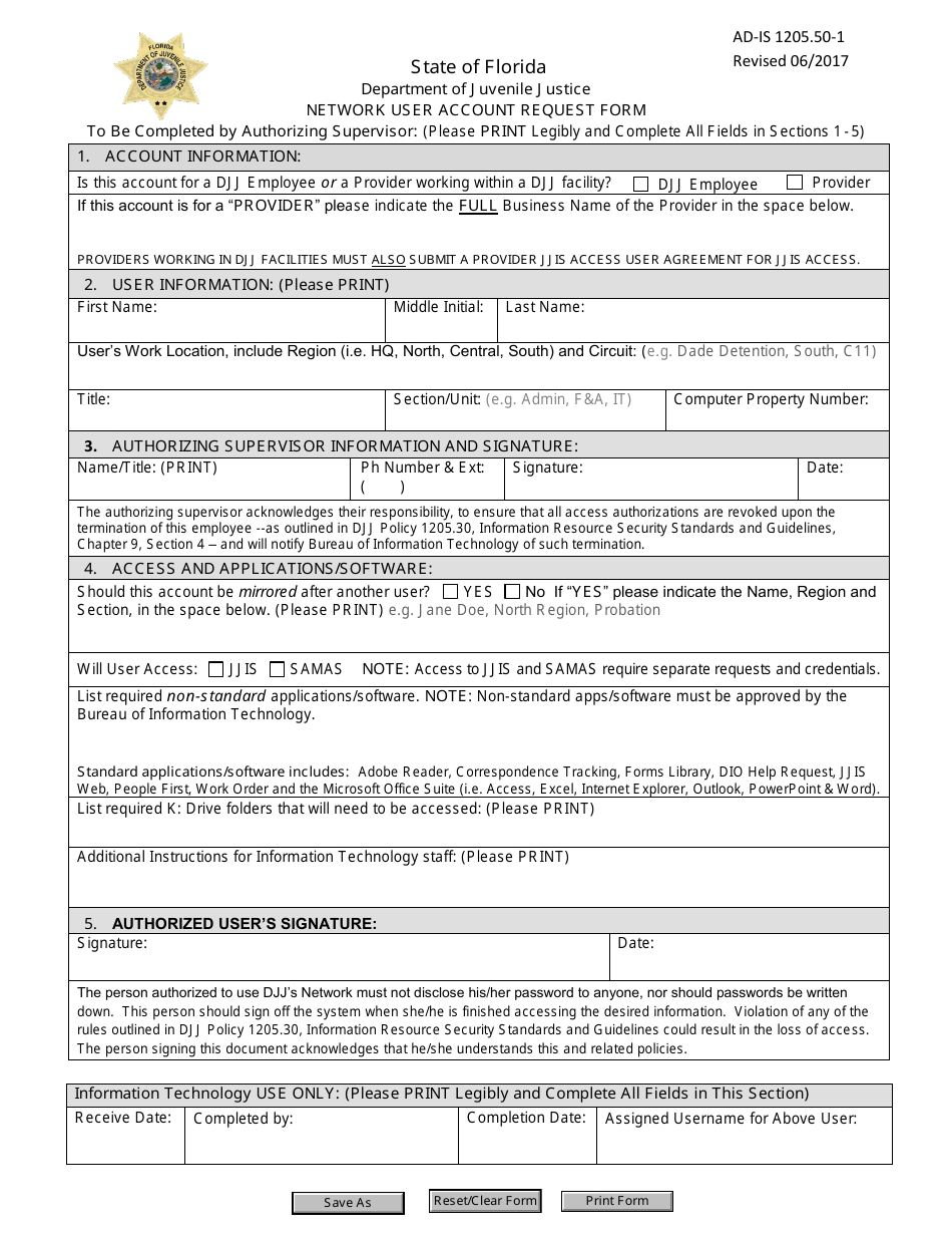 DJJ Form AD-IS1205.50-1 Network User Account Request Form - Florida, Page 1