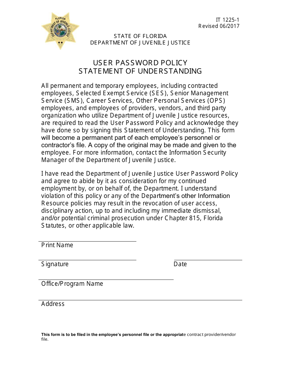 DJJ Form IT1225-1 User Password Policy Statement of Understanding - Florida, Page 1