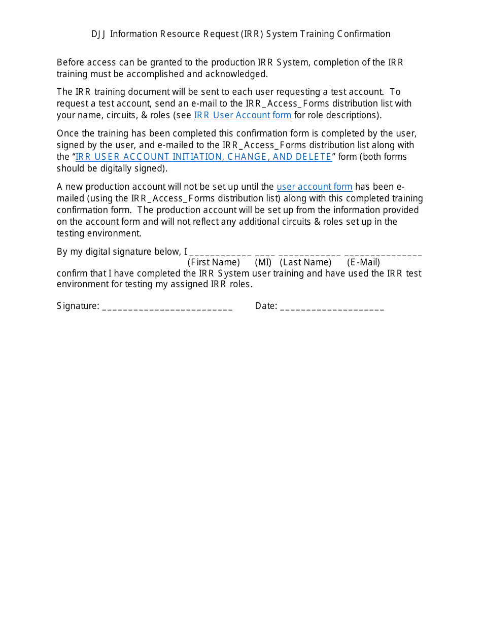 DJJ Information Resource Request (Irr) System Training Confirmation Form - Florida, Page 1
