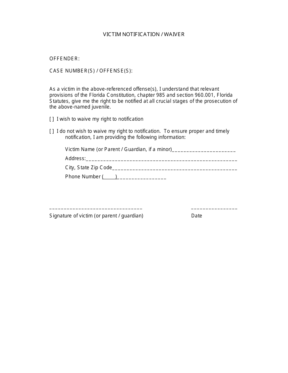 Victim Notification / Waiver Form - Florida, Page 1