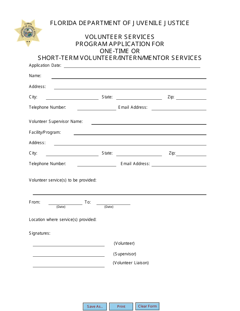 Volunteer Services Program Application for One-Time or Short-Term Volunteer / Intern / Mentor Services - Florida, Page 1