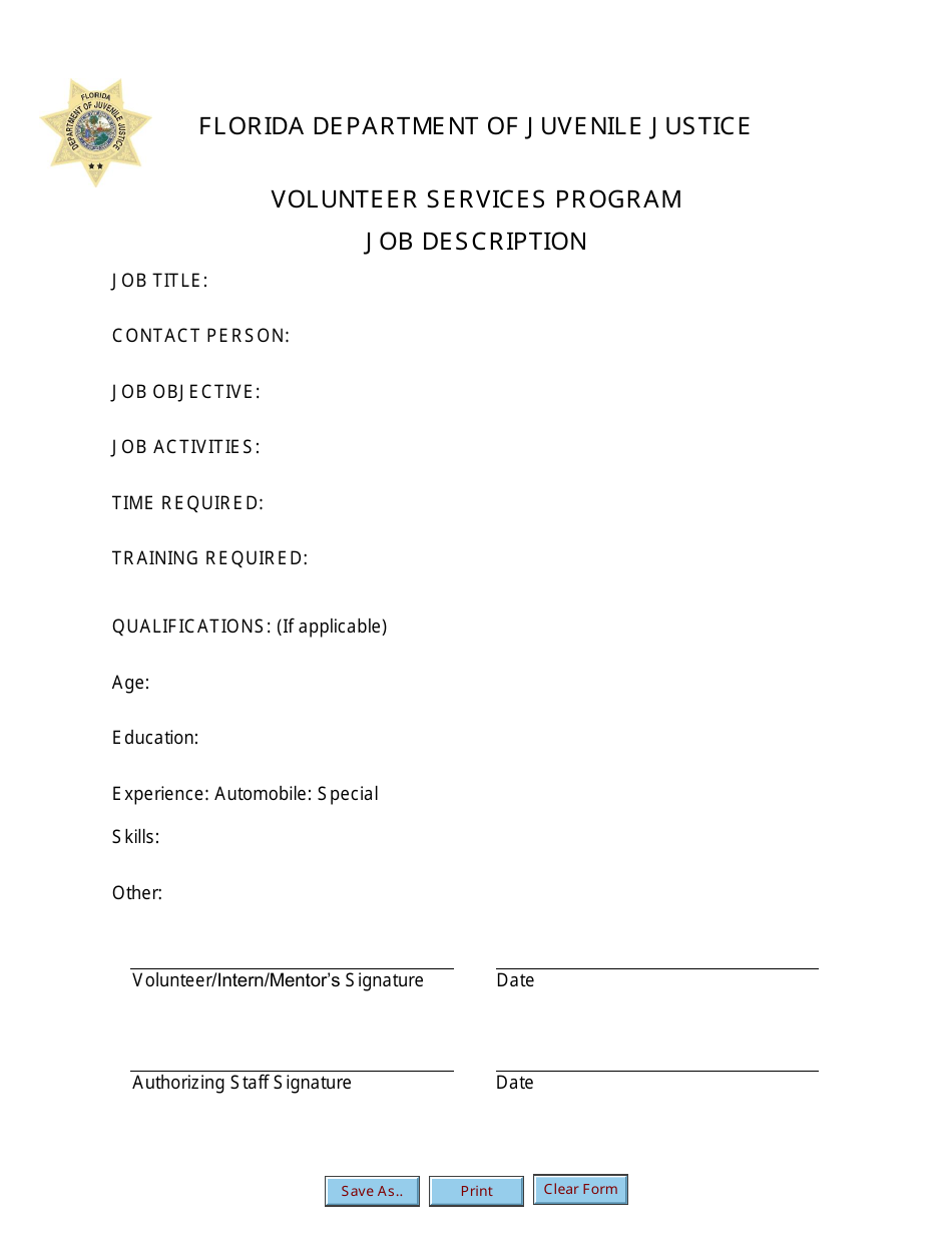 Florida Job Description Form Volunteer Services Program Download