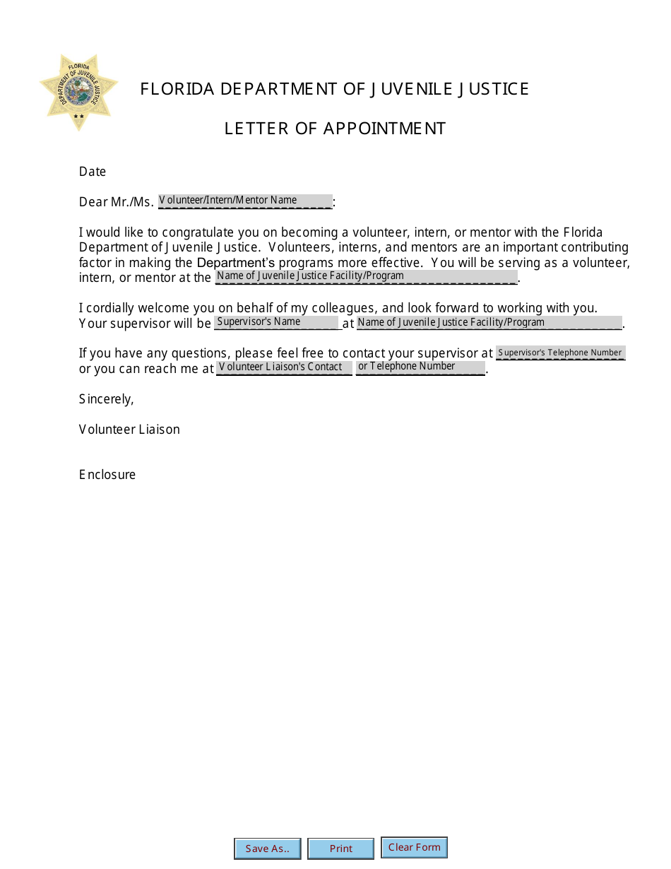 Letter of Appointment - Florida, Page 1