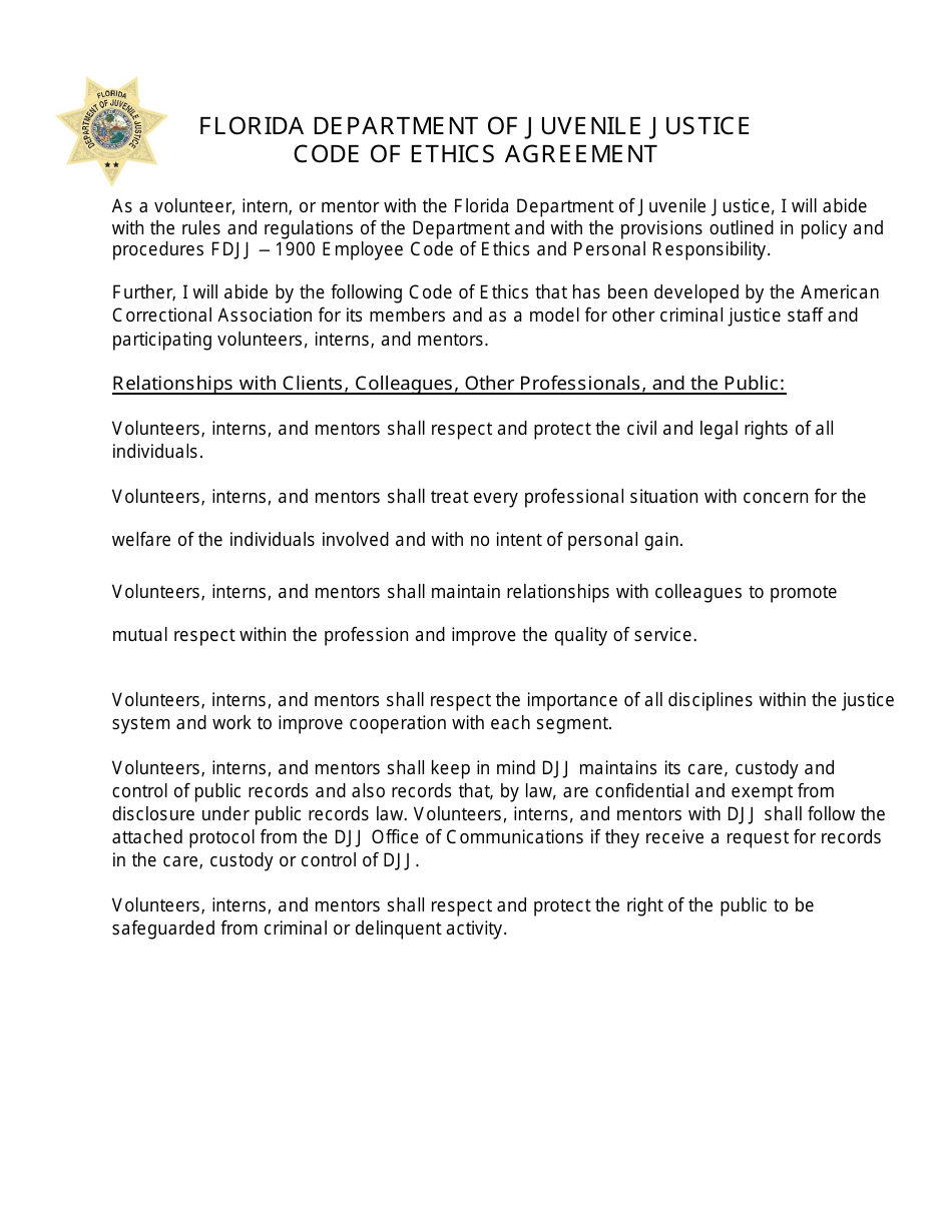Code of Ethics Agreement Form - Florida, Page 1