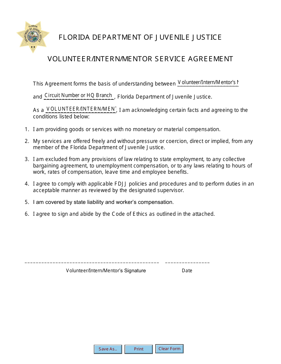 Volunteer / Intern / Mentor Service Agreement Form - Florida, Page 1