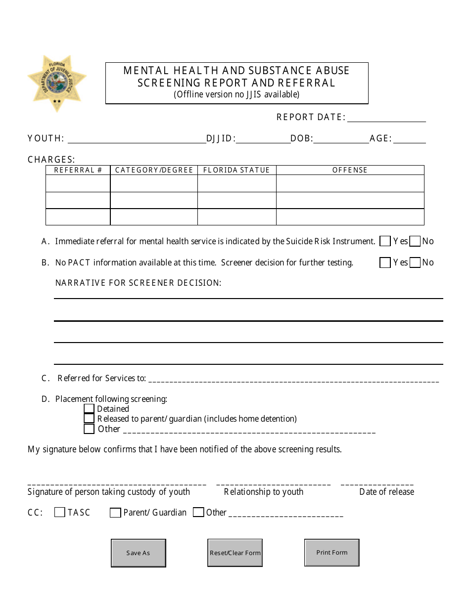 Mental Health and Substance Abuse Screening Report and Referral Form - Florida, Page 1