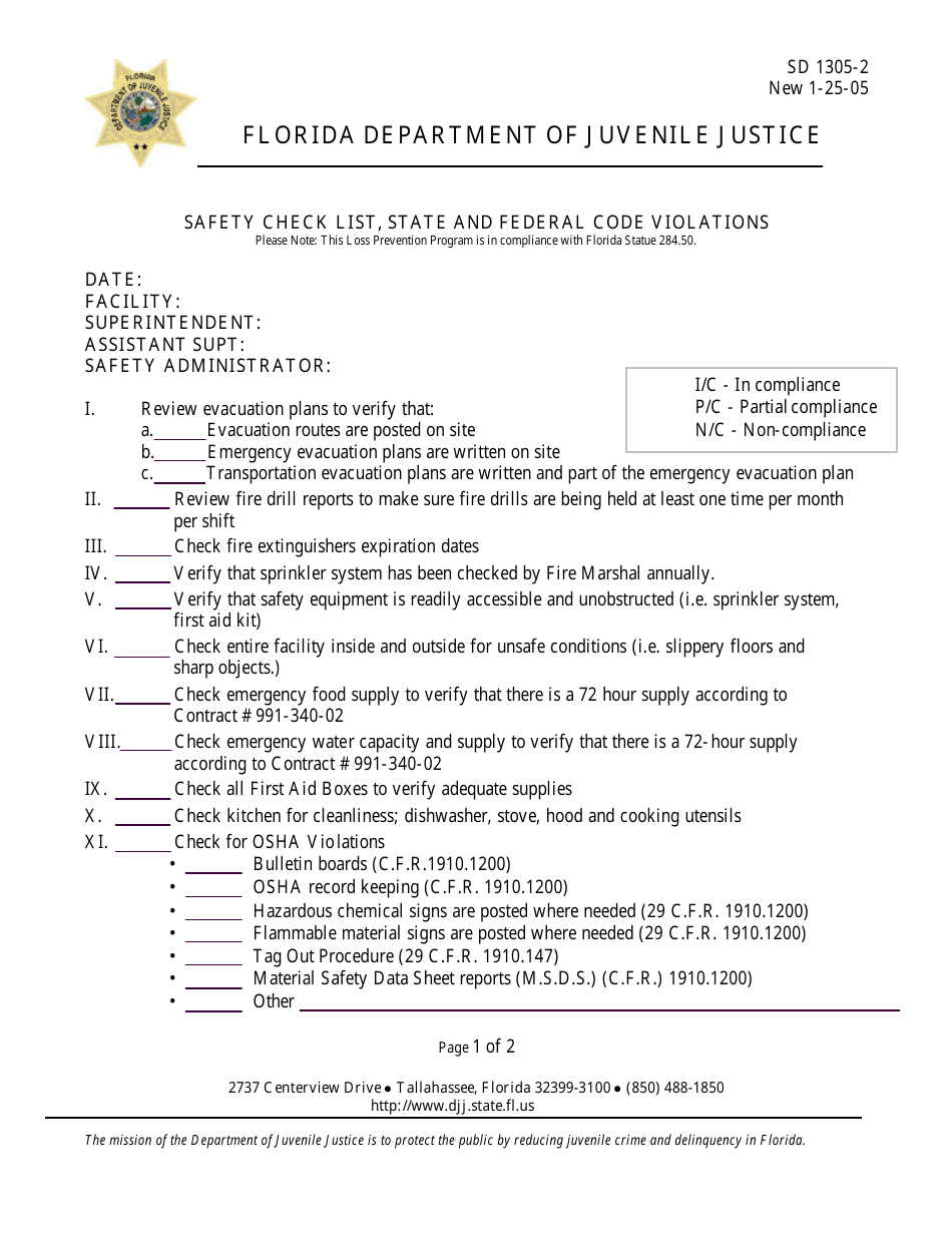 DJJ Form SD1305-2 Safety Check List, State and Federal Code Violations - Florida, Page 1