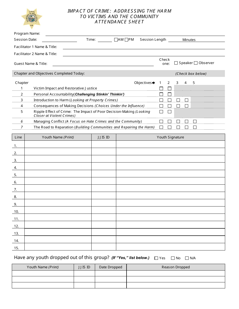 Impact of Crime: Addressing the Harm to Victims and the Community Attendance Sheet - Florida, Page 1