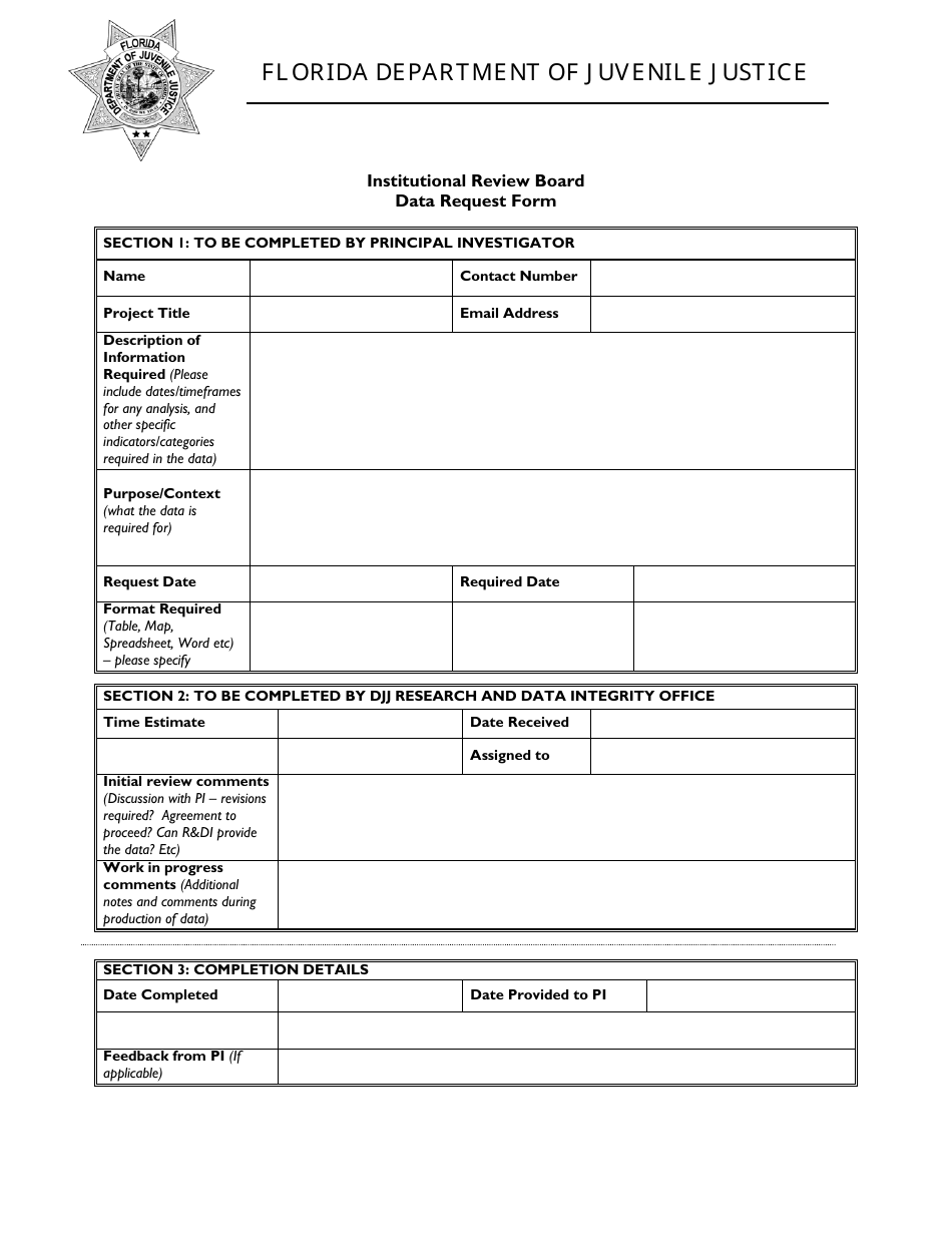 Data Request Form - Institutional Review Board - Florida, Page 1