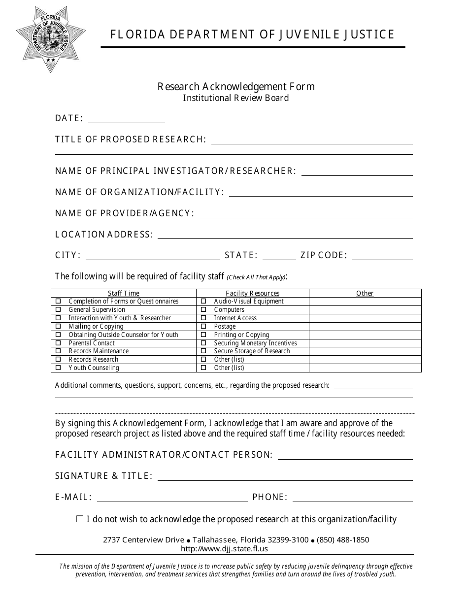 Research Acknowledgement Form - Institutional Review Board - Florida, Page 1