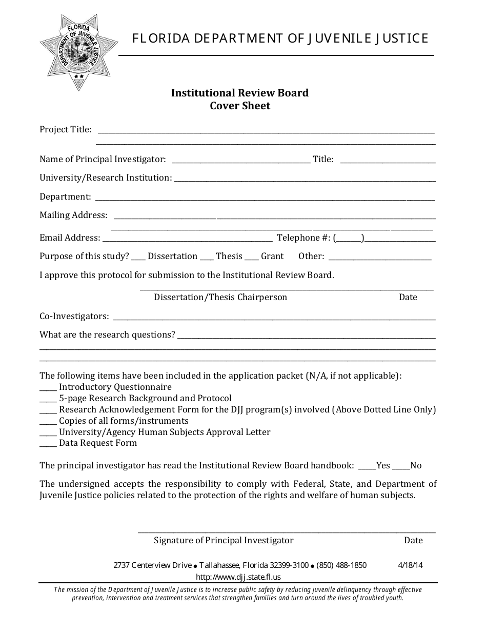 Florida Cover Sheet - Institutional Review Board - Fill Out, Sign ...