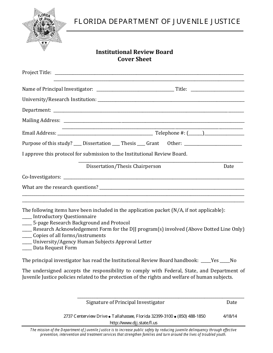 Cover Sheet - Institutional Review Board - Florida, Page 1