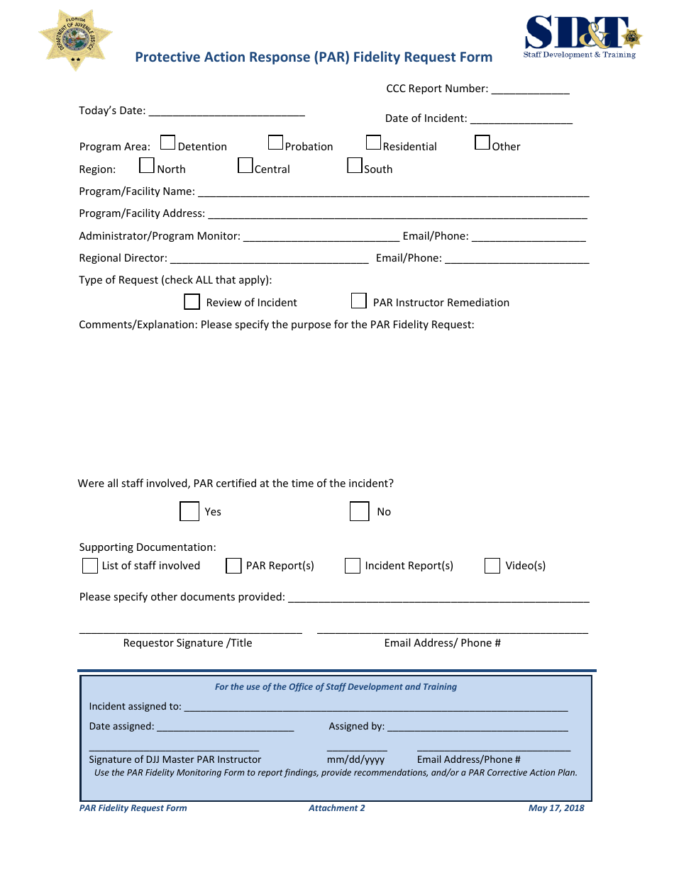 Attachment 2 Protective Action Response (Par) Fidelity Request Form - Florida, Page 1