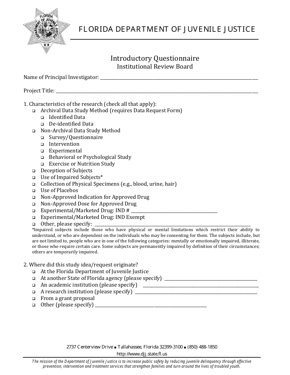 Introductory Questionnaire Form - Institutional Review Board - Florida, Page 1