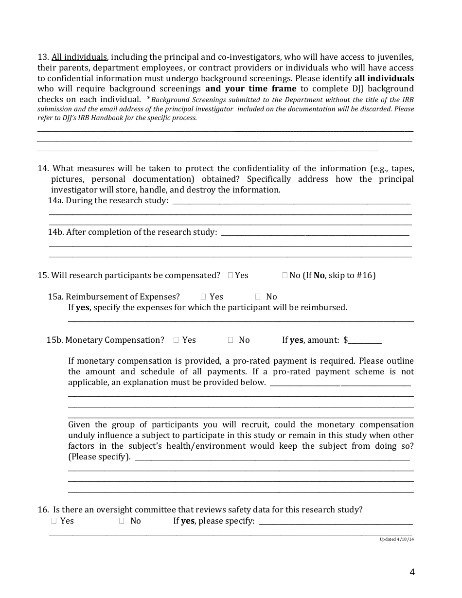 Introductory Questionnaire Form - Institutional Review Board - Florida, Page 4