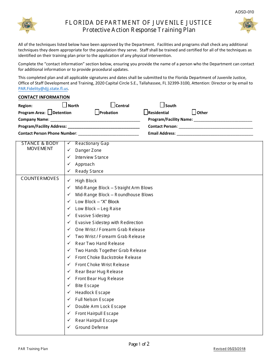 DJJ Form ADSD-010 Protective Action Response Training Plan - Florida, Page 1
