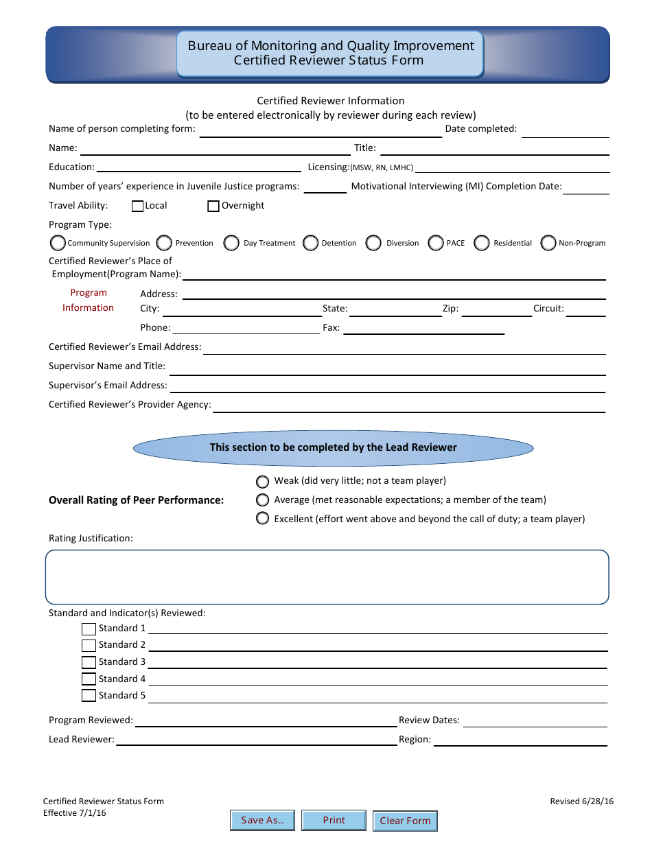 Certified Reviewer Status Form - Florida, Page 1