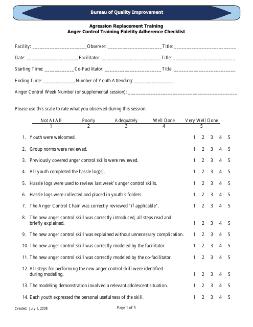 &quot;Anger Control Training Fidelity Adherence Checklist - Agression Replacement Training&quot; - Florida Download Pdf