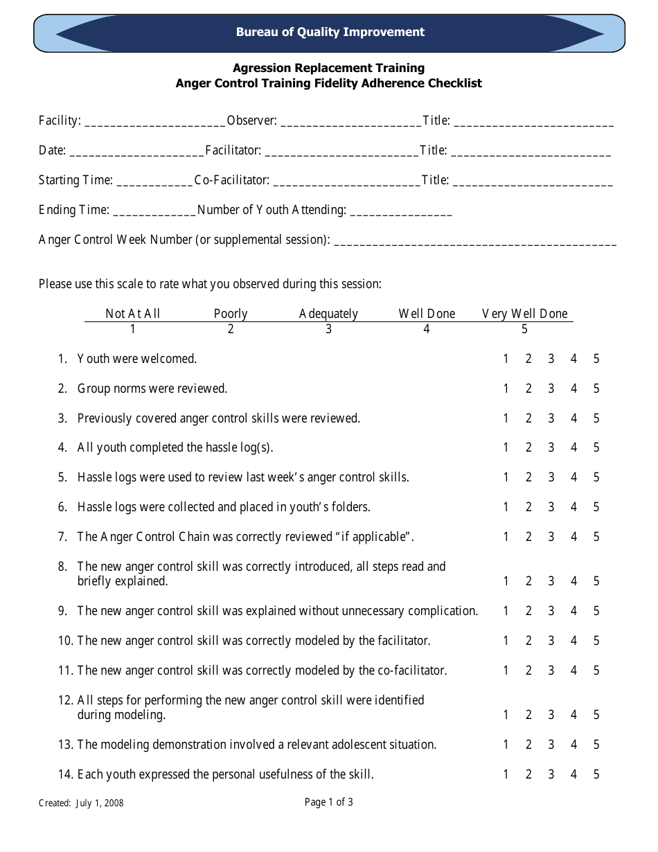 Anger Control Training Fidelity Adherence Checklist - Agression Replacement Training - Florida, Page 1