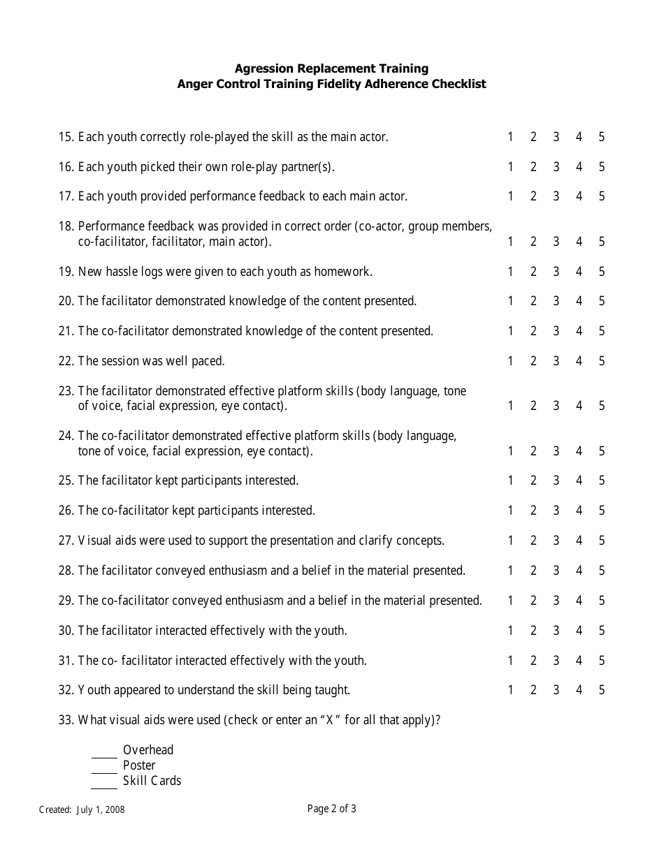 Anger Control Training Fidelity Adherence Checklist - Agression Replacement Training - Florida, Page 2