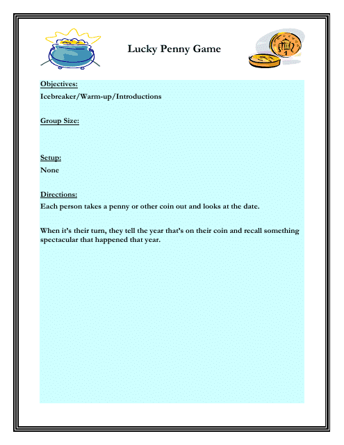 Lucky Penny Game Worksheet - Florida Download Pdf