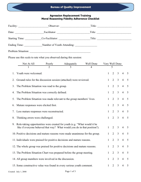 "Moral Reasoning Fidelity Adherence Checklist - Agression Replacement Training" - Florida Download Pdf