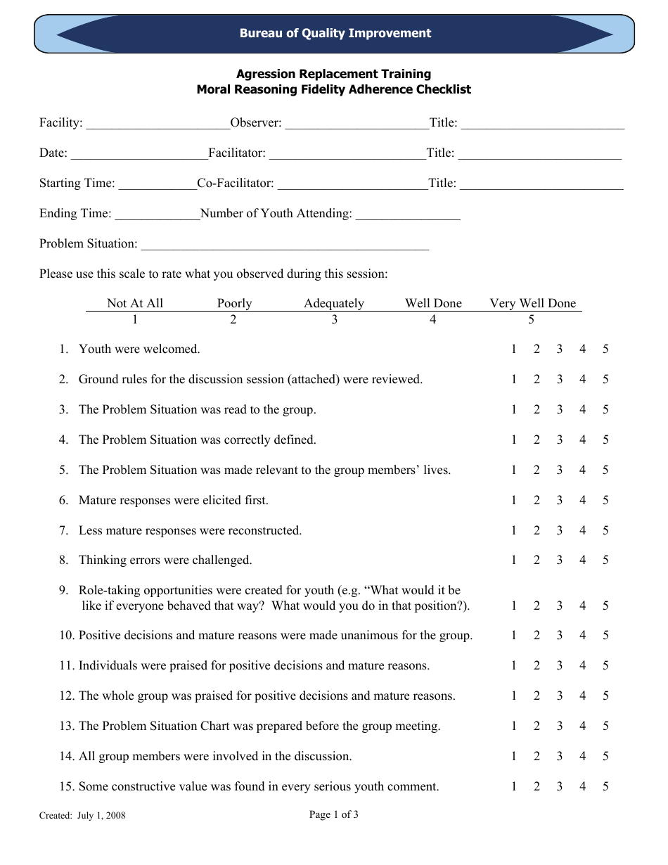 Moral Reasoning Fidelity Adherence Checklist - Agression Replacement Training - Florida, Page 1