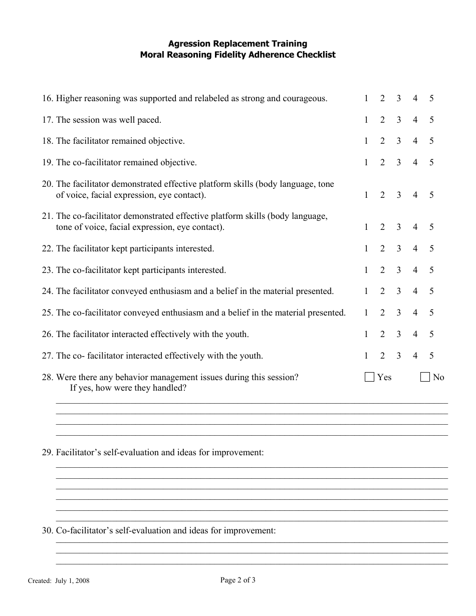 Moral Reasoning Fidelity Adherence Checklist - Agression Replacement Training - Florida, Page 2