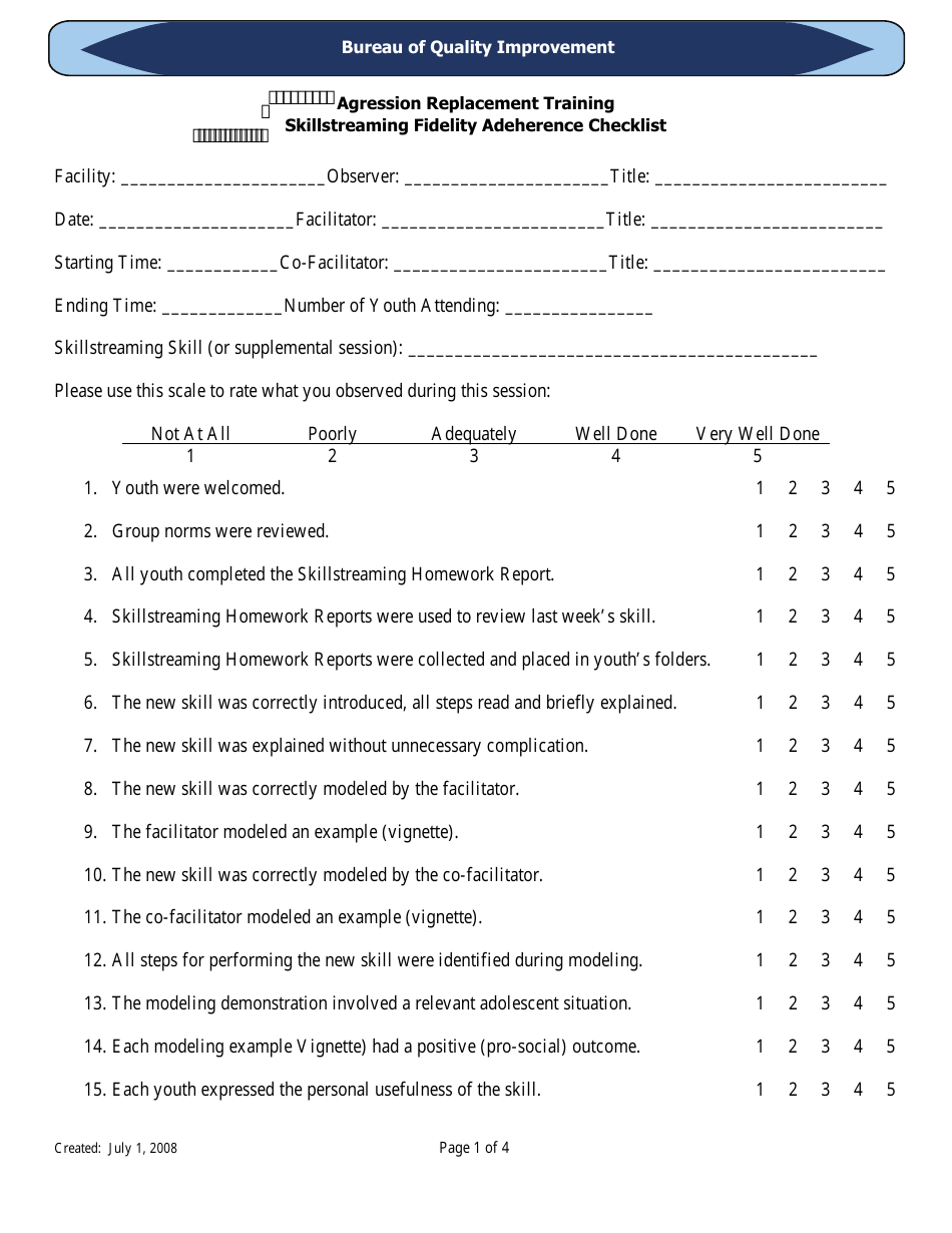 Florida Skillstreaming Fidelity Adeherence Checklist - Agression ...