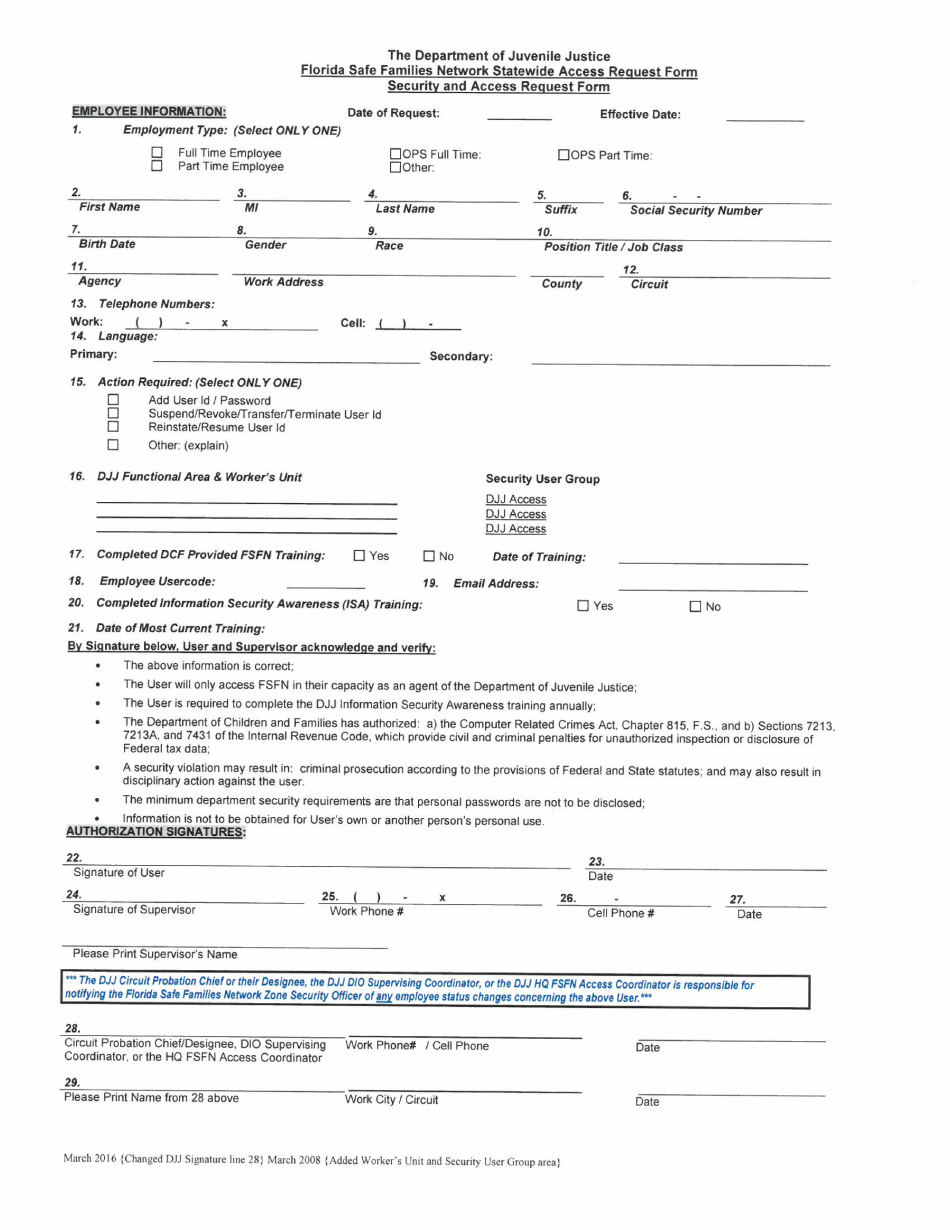Florida Safe Families Network (Fsfn) Security and Access Request Form - Florida, Page 1