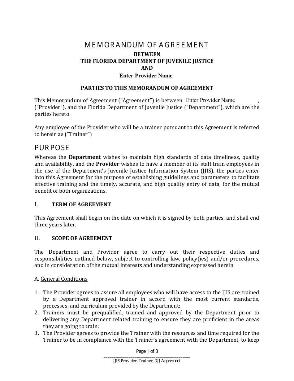 Memorandum of Agreement Between the Florida Department of Juvenile Justice and Provider - Florida, Page 1
