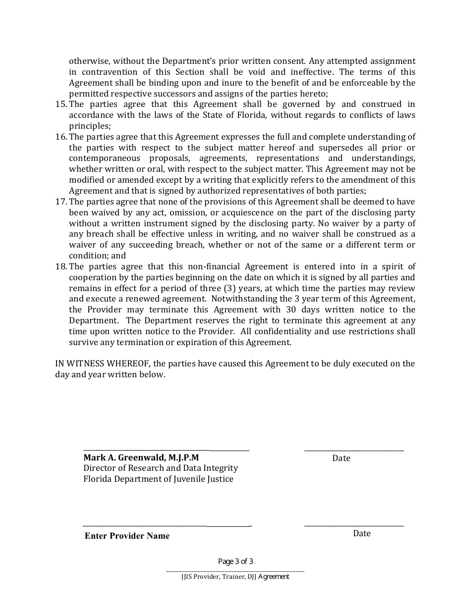 Memorandum of Agreement Between the Florida Department of Juvenile Justice and Provider - Florida, Page 3