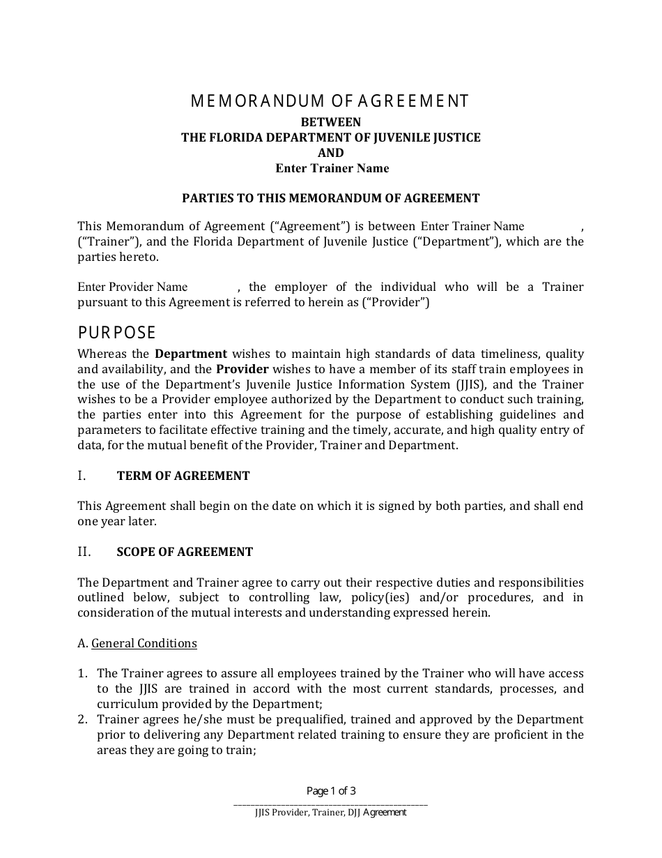 Memorandum of Agreement Between the Florida Department of Juvenile Justice and Trainer - Florida, Page 1