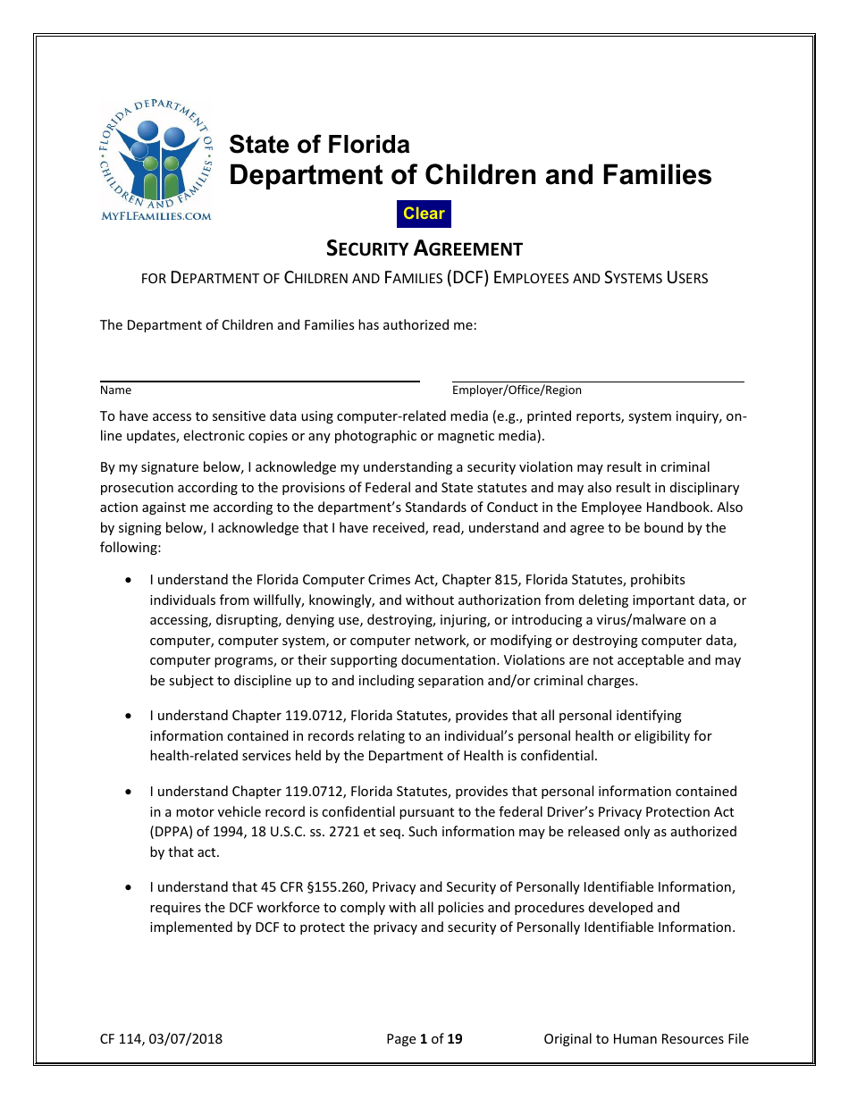 Form CF114 Security Agreement for Department of Children and Families (Dcf) Employees and Systems Users - Florida, Page 1
