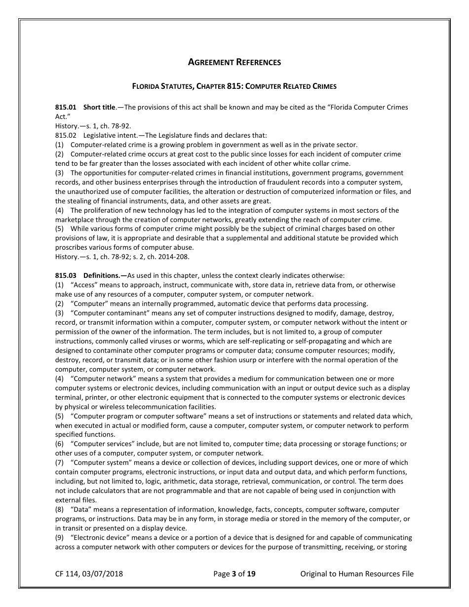 Form CF114 Security Agreement for Department of Children and Families (Dcf) Employees and Systems Users - Florida, Page 3