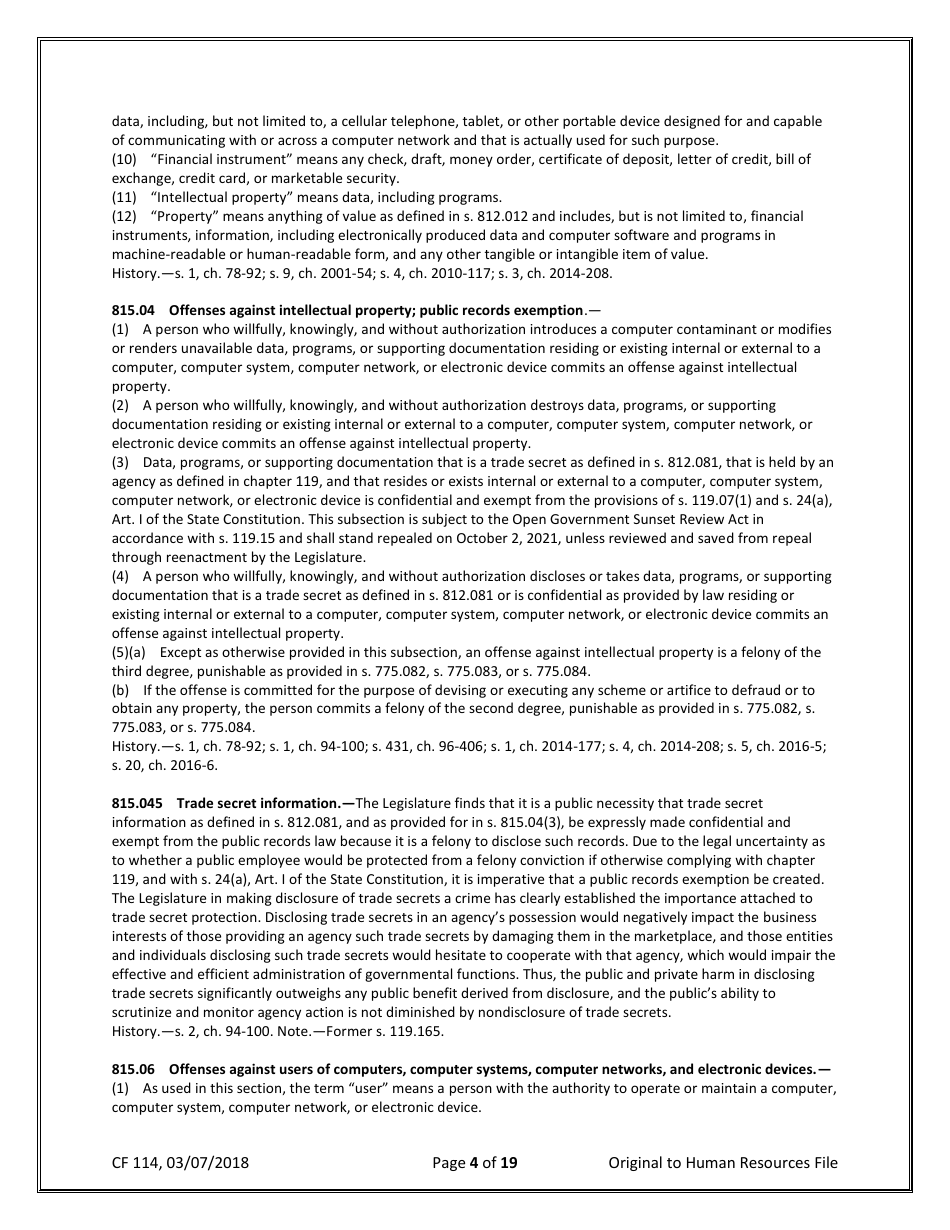Form CF114 Security Agreement for Department of Children and Families (Dcf) Employees and Systems Users - Florida, Page 4