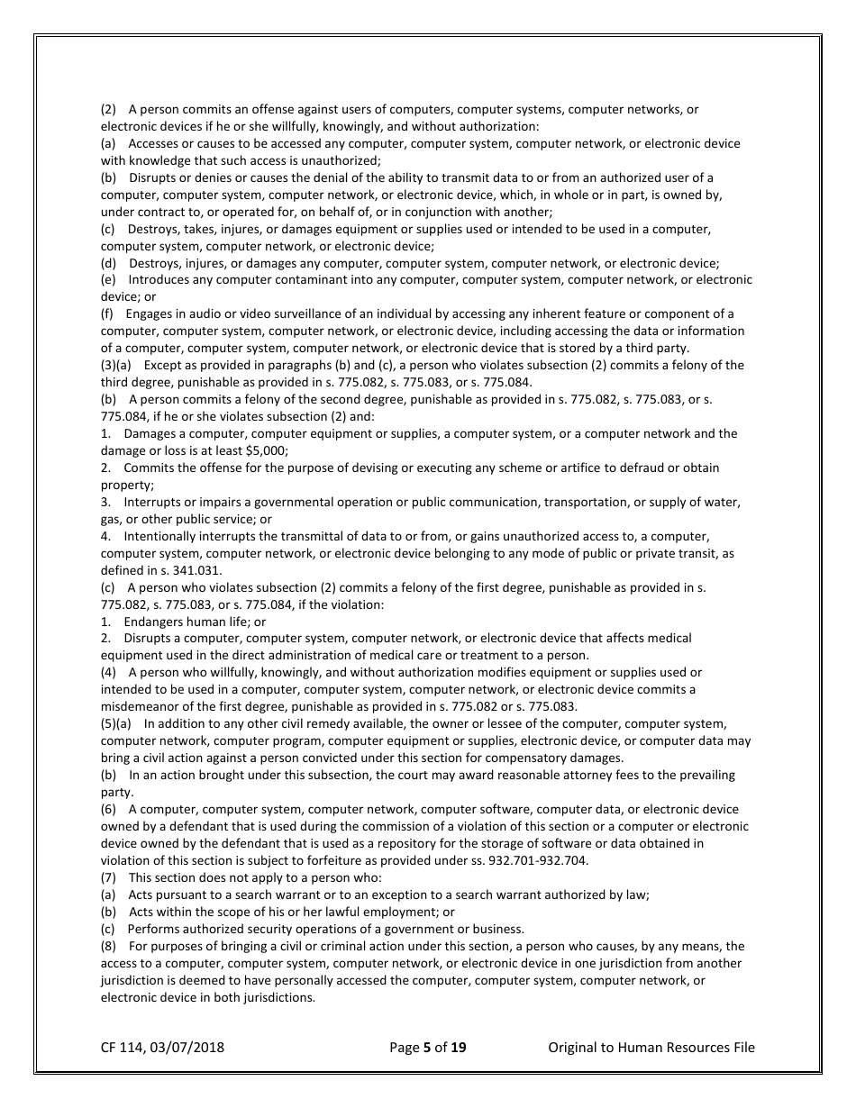 Form CF114 Security Agreement for Department of Children and Families (Dcf) Employees and Systems Users - Florida, Page 5