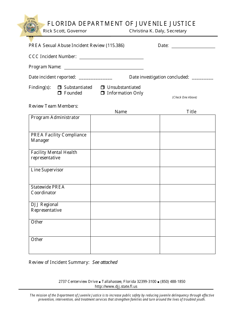 Prea Sexual Abuse Incident Review Form (115.386) - Florida, Page 1