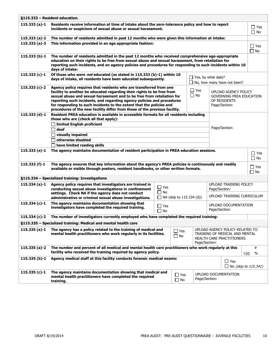 Prea Audit - Pre-audit Questionnaire Form - Juvenile Facilities - Florida, Page 10
